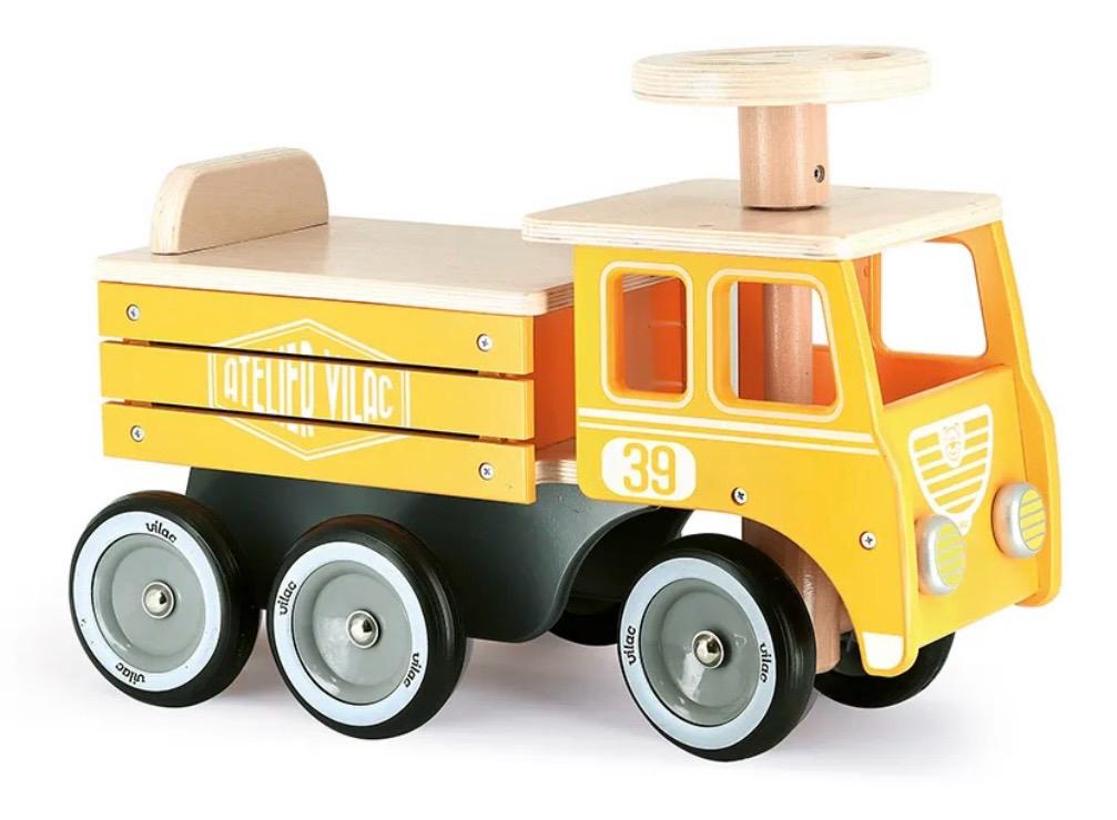 Yellow wooden ride-on truck