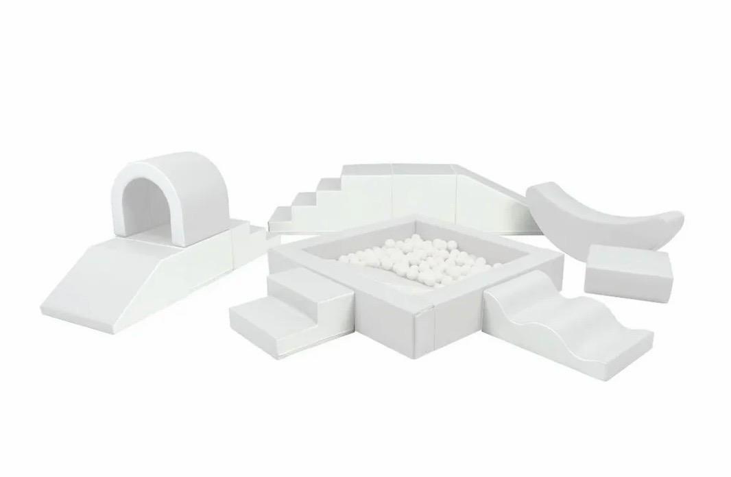 White soft play set with ball pit, steps, slides and tunnel