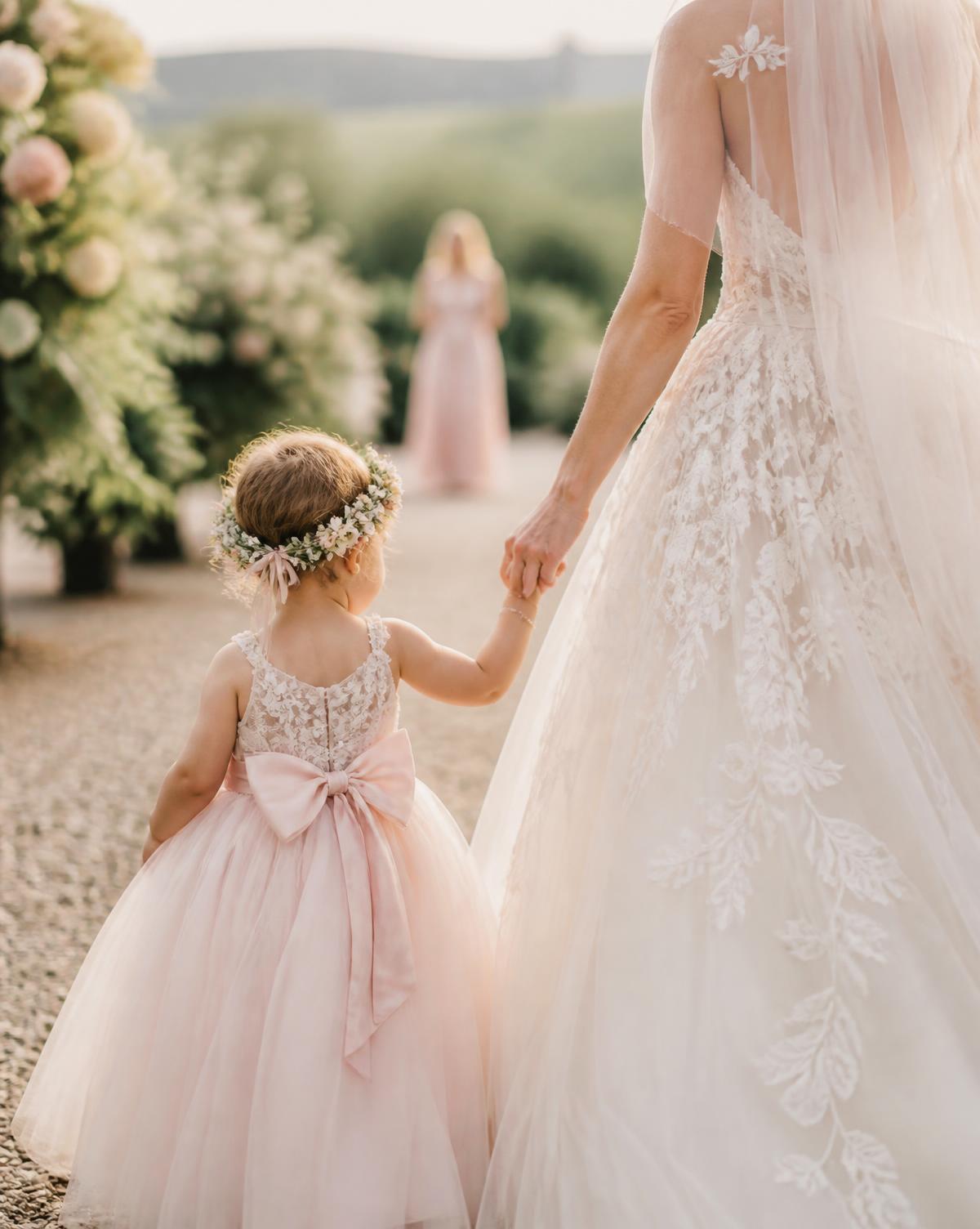 A young flower girl in a blush dress holding a bride's hand at an outdoor wedding